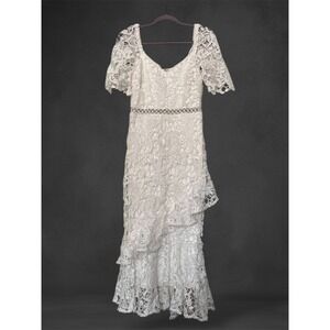 Lulus Lace Midi‎ Dress White Ruffle Tiered Short Sleeve Party Size S